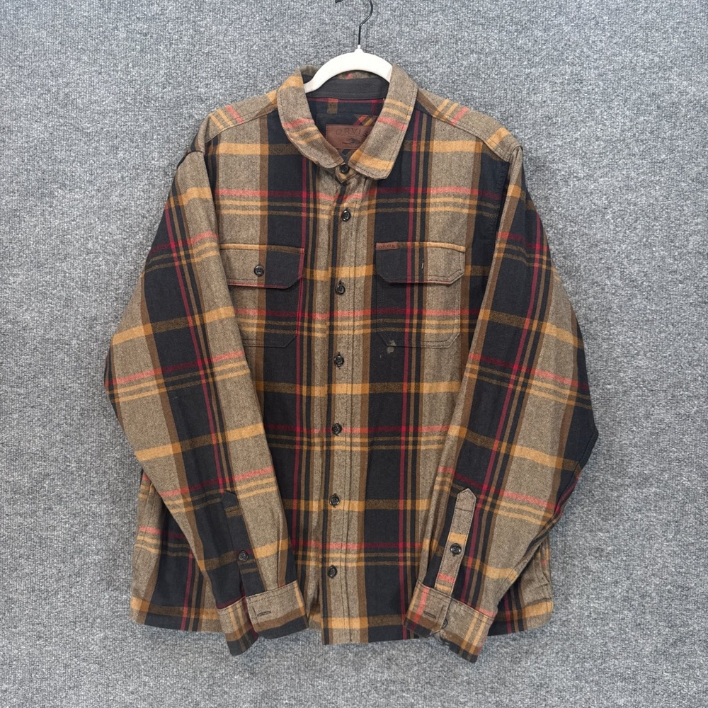 Orvis Flannel Shirt Mens Large Brown Plaid Heavyweight Cotton Shacket Gorpcore